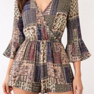 Hiche Womens Patchwork Elephant Print Romper V-Neck Bell Sleeve XS Multi Color